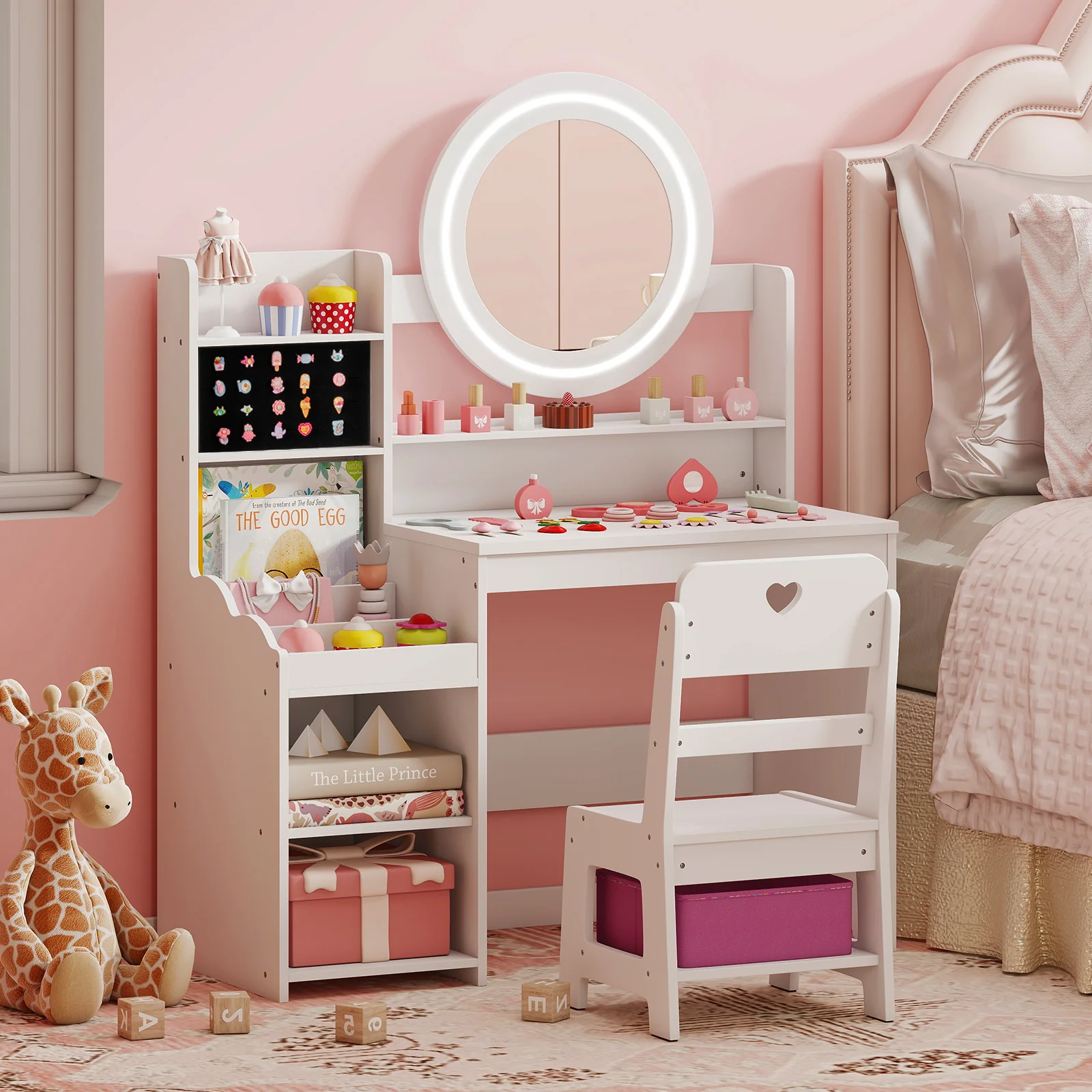 Kids Vanity Desk with Mirror and Lights Princess Pretend Play Dressing Table and Chair Set, White - Image 2