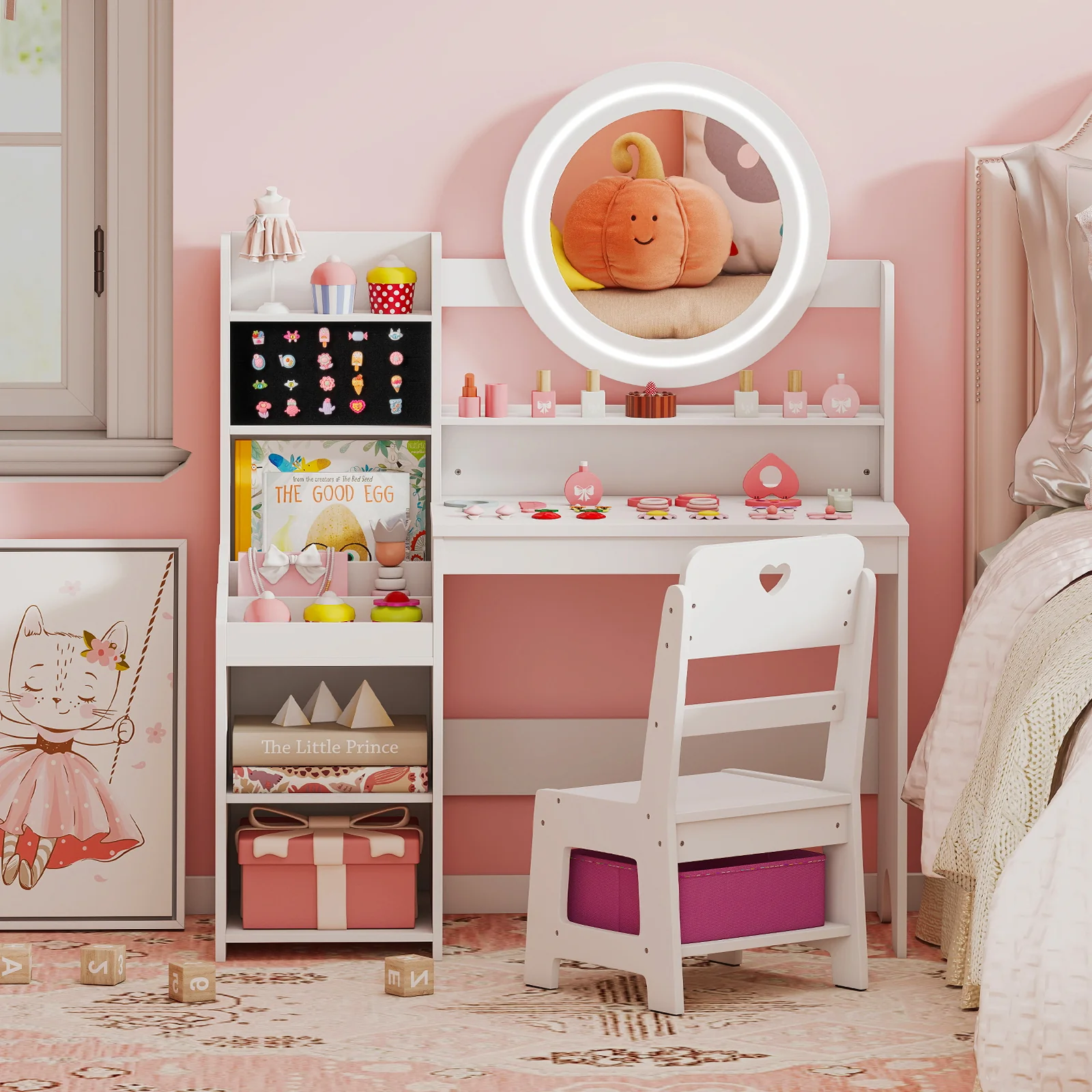 Kids Vanity Desk with Mirror and Lights Princess Pretend Play Dressing Table and Chair Set, White - Image 3