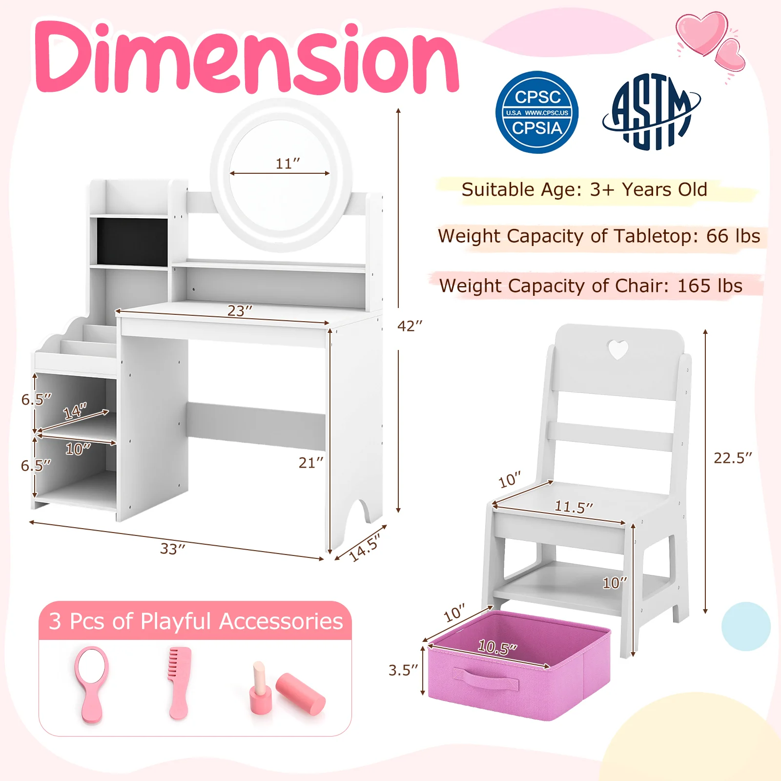 Kids Vanity Desk with Mirror and Lights Princess Pretend Play Dressing Table and Chair Set, White - Image 5