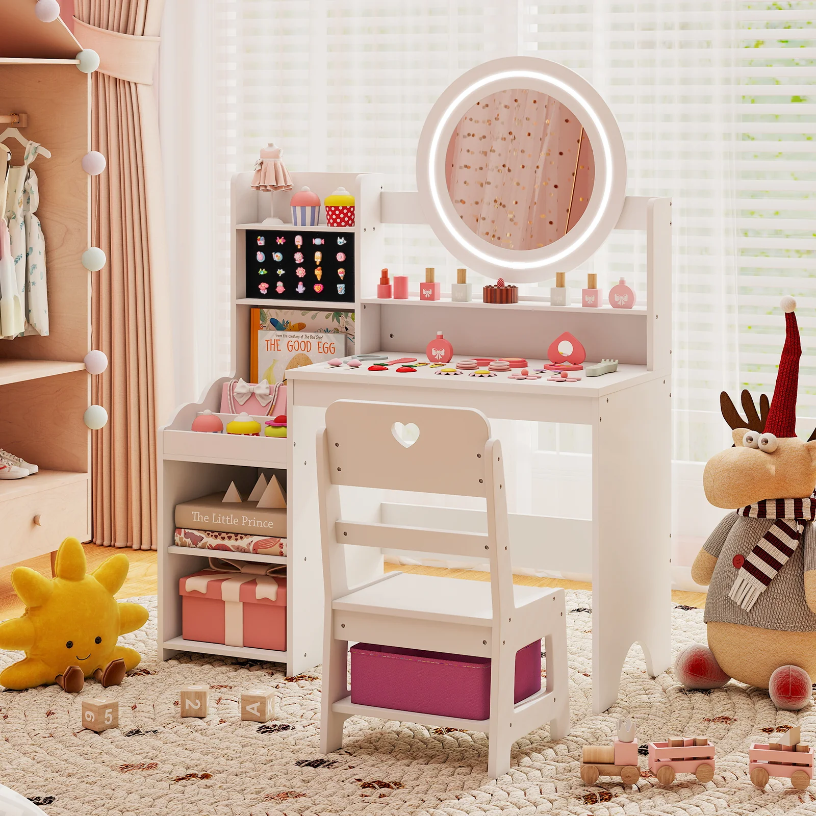 Kids Vanity Desk with Mirror and Lights Princess Pretend Play Dressing Table and Chair Set, White - Image 6
