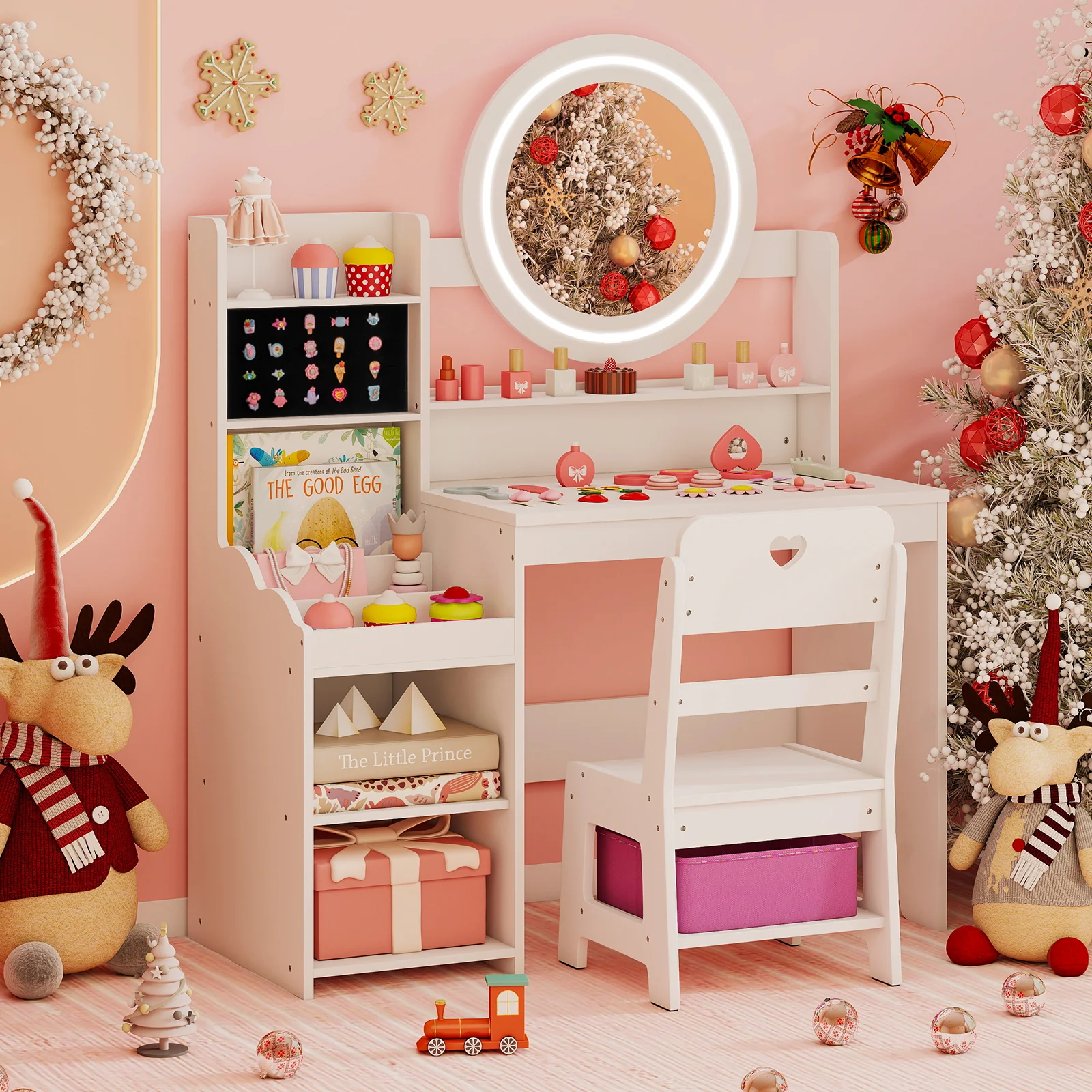 Kids Vanity Desk with Mirror and Lights Princess Pretend Play Dressing Table and Chair Set, White - Image 7