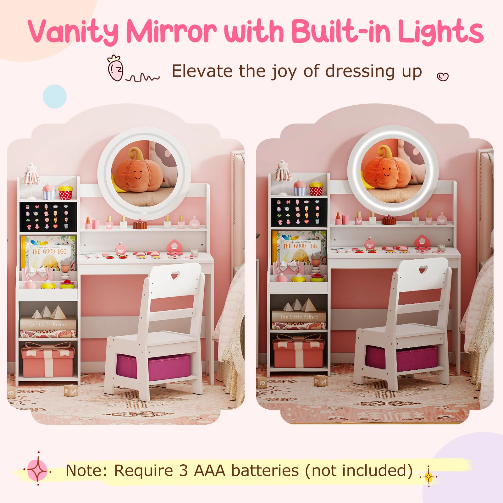 Kids Vanity Desk with Mirror and Lights Princess Pretend Play Dressing Table and Chair Set, White - Image 8