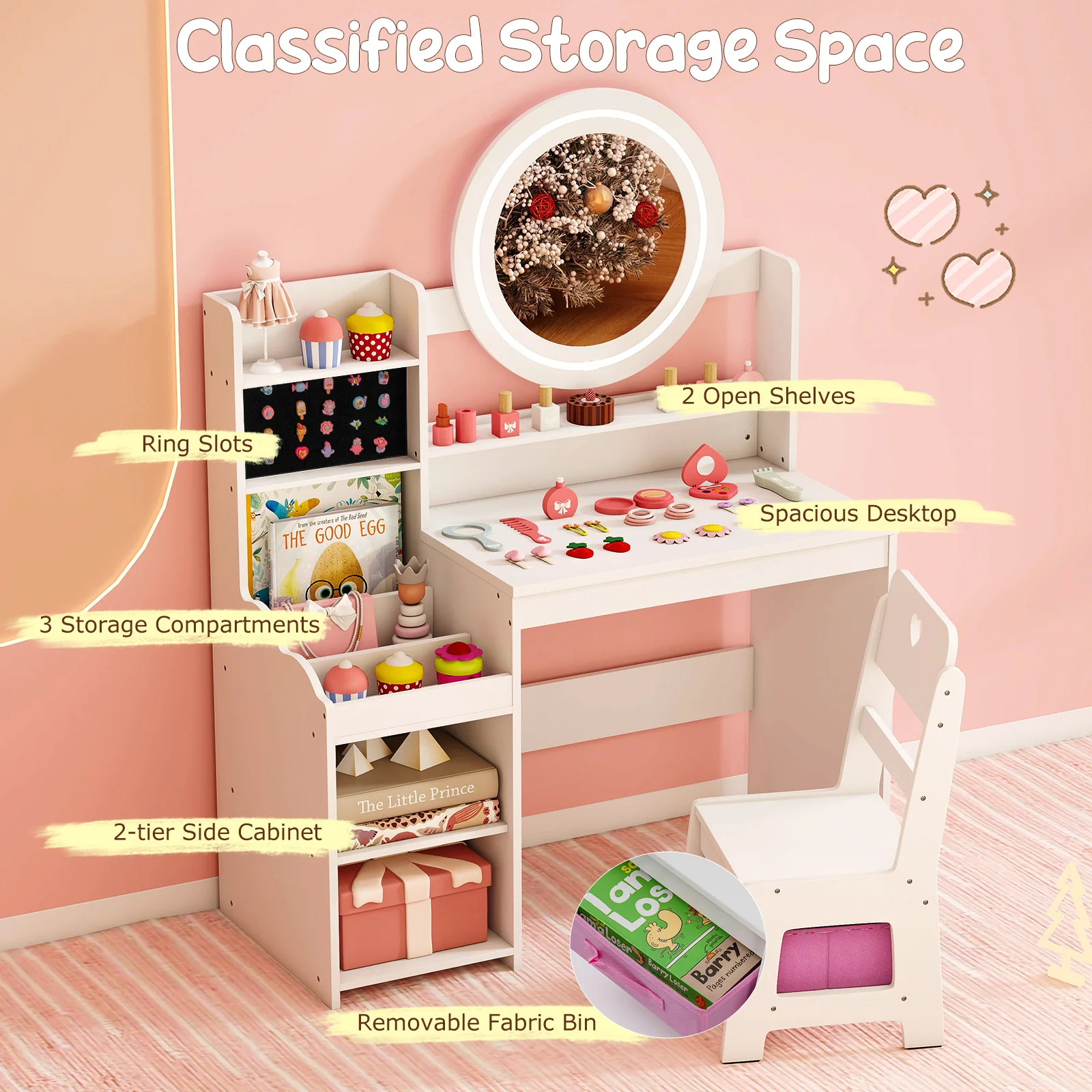 Kids Vanity Desk with Mirror and Lights Princess Pretend Play Dressing Table and Chair Set, White - Image 9