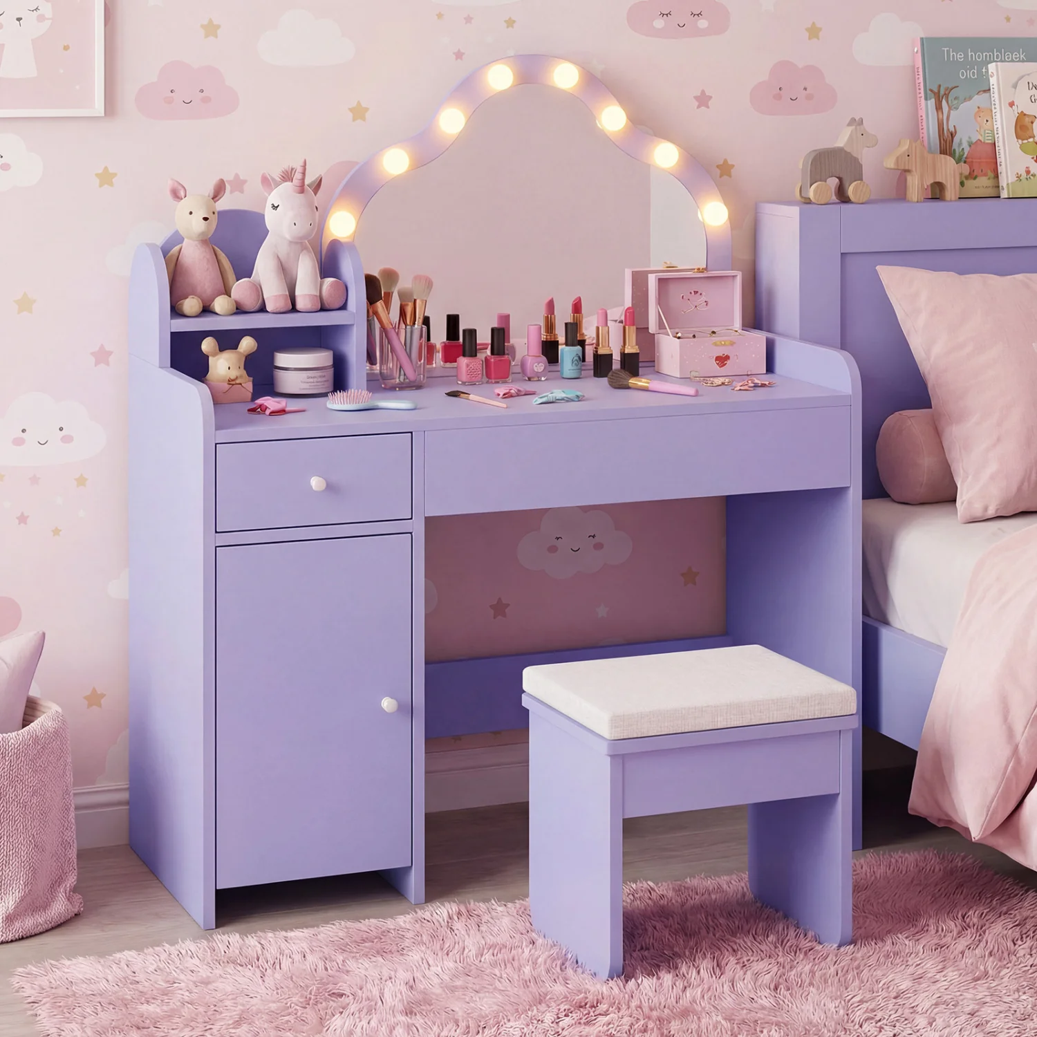 Kids Vanity Desk With Mirror And Lights, Purple - Image 2