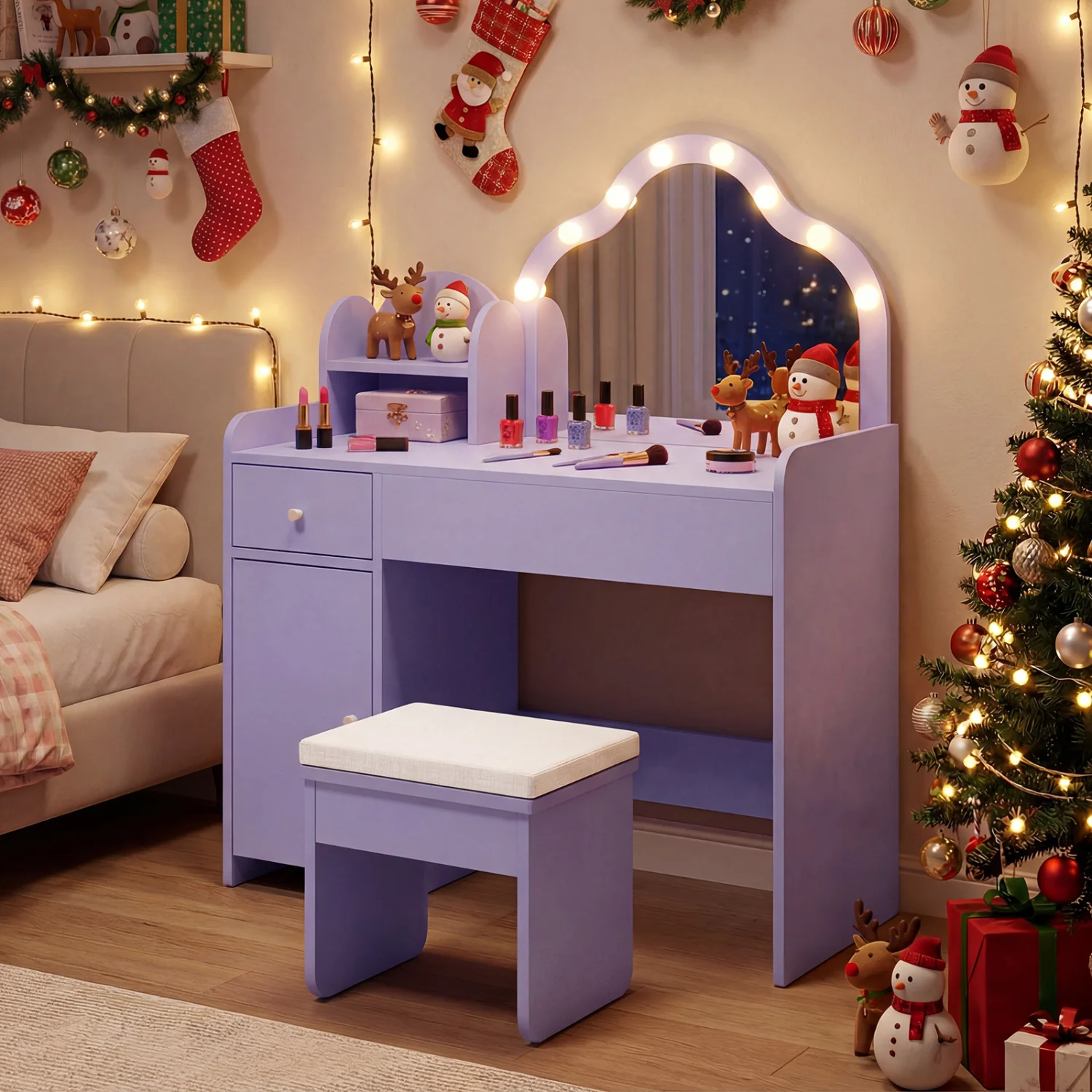 Kids Vanity Desk With Mirror And Lights, Purple - Image 3
