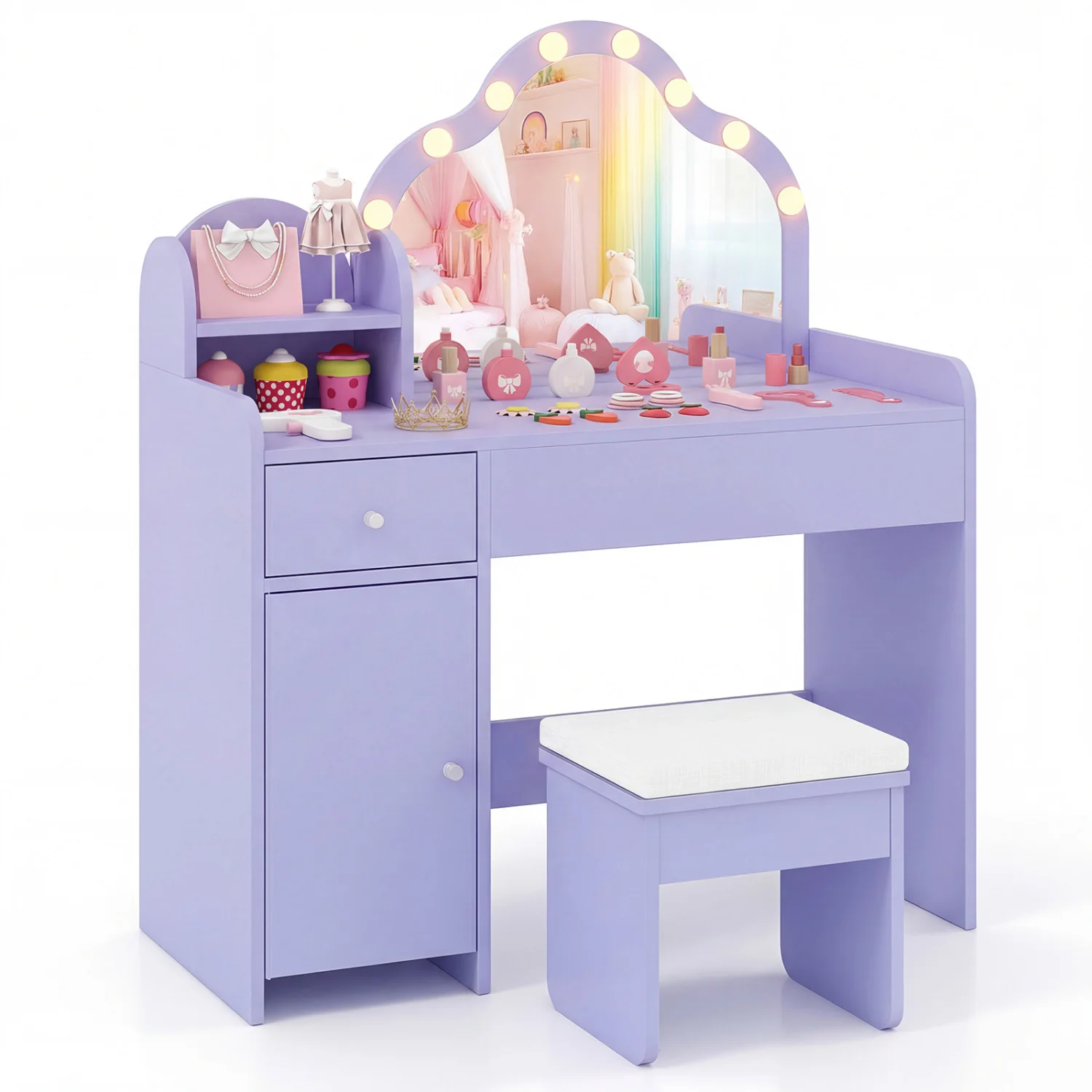 Kids Vanity Desk With Mirror And Lights, Purple - Image 4
