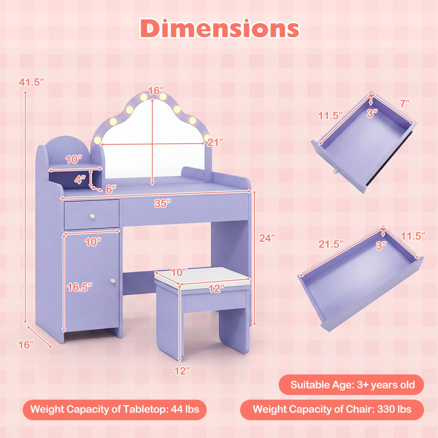 Kids Vanity Desk With Mirror And Lights, Purple - Image 5