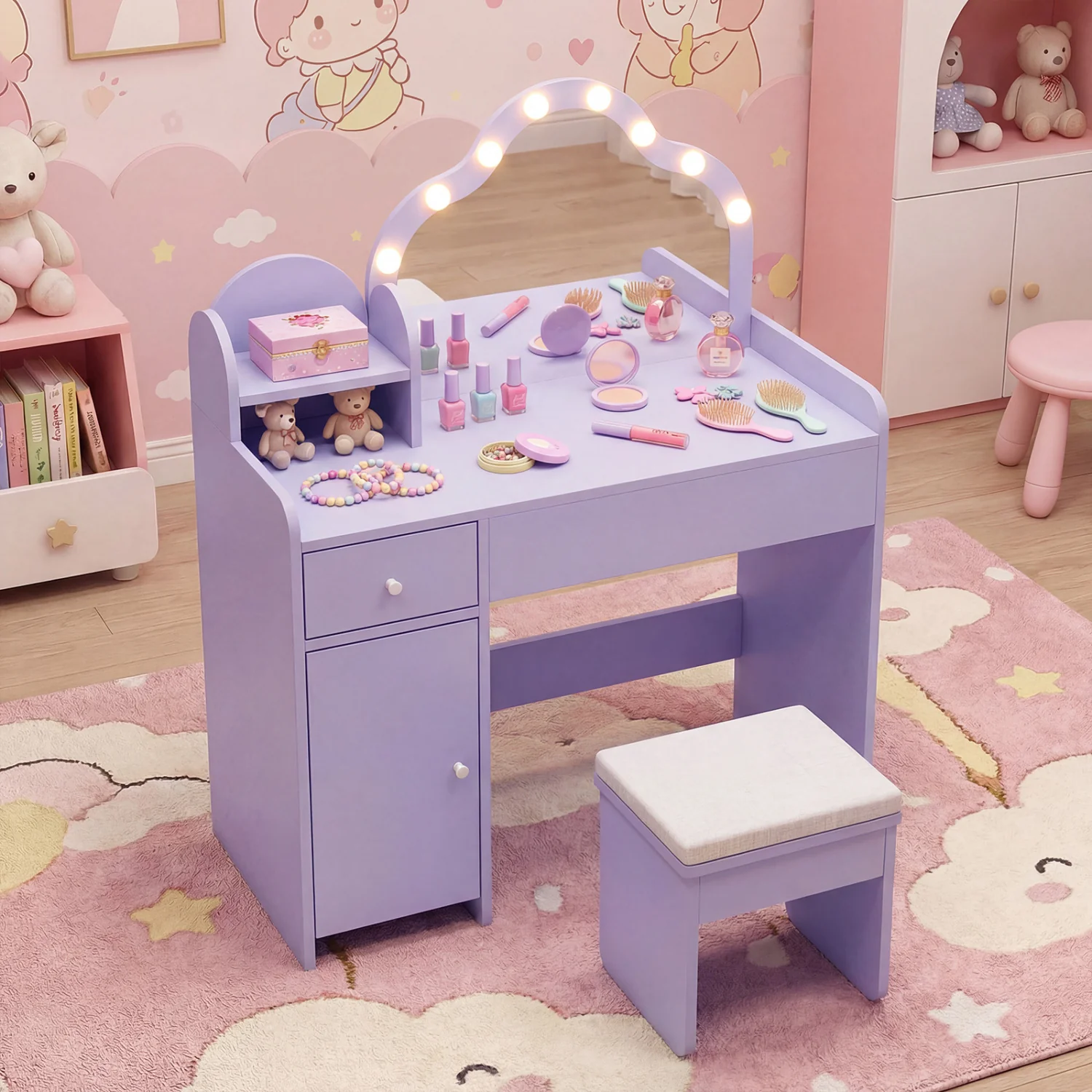 Kids Vanity Desk With Mirror And Lights, Purple - Image 6