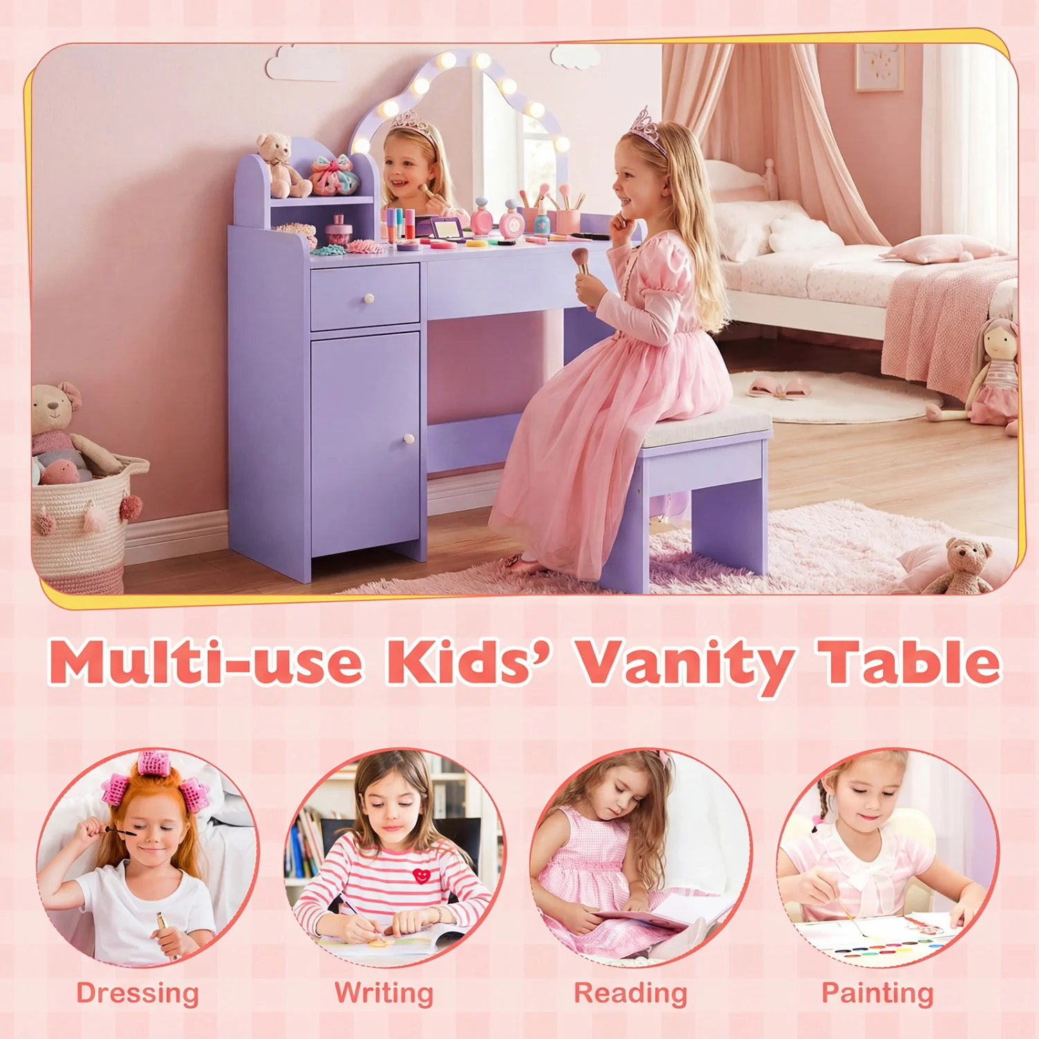 Kids Vanity Desk With Mirror And Lights, Purple - Image 9