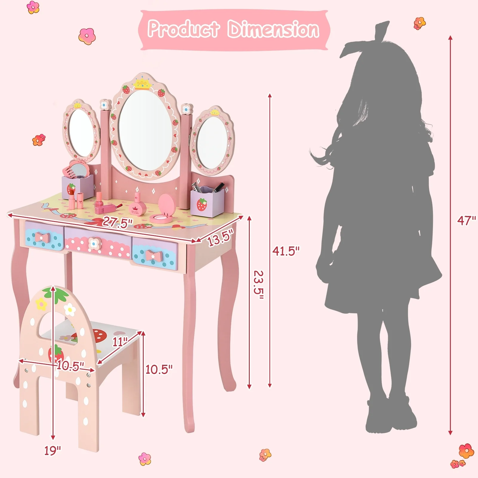 Kids Vanity Princess Makeup Dressing Table Chair Set, Pink - Image 5