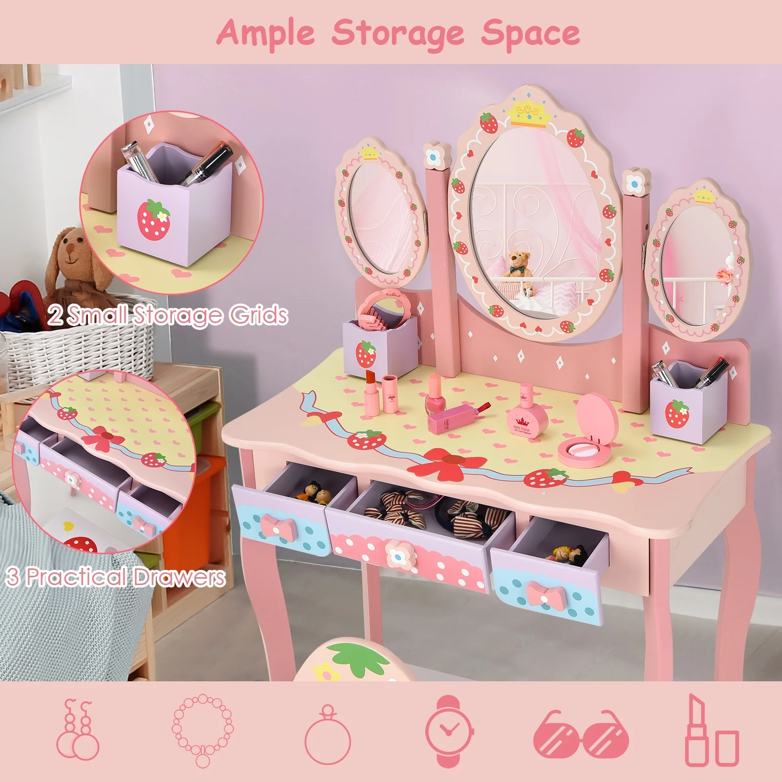 Kids Vanity Princess Makeup Dressing Table Chair Set, Pink - Image 7