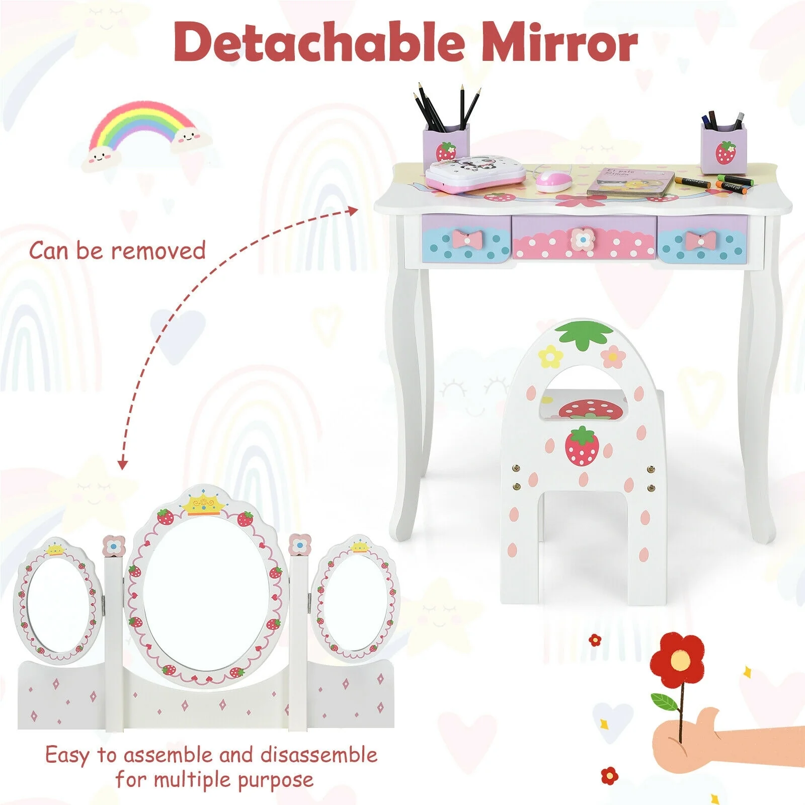 Kids Vanity Princess Makeup Dressing Table Chair Set, White - Image 10