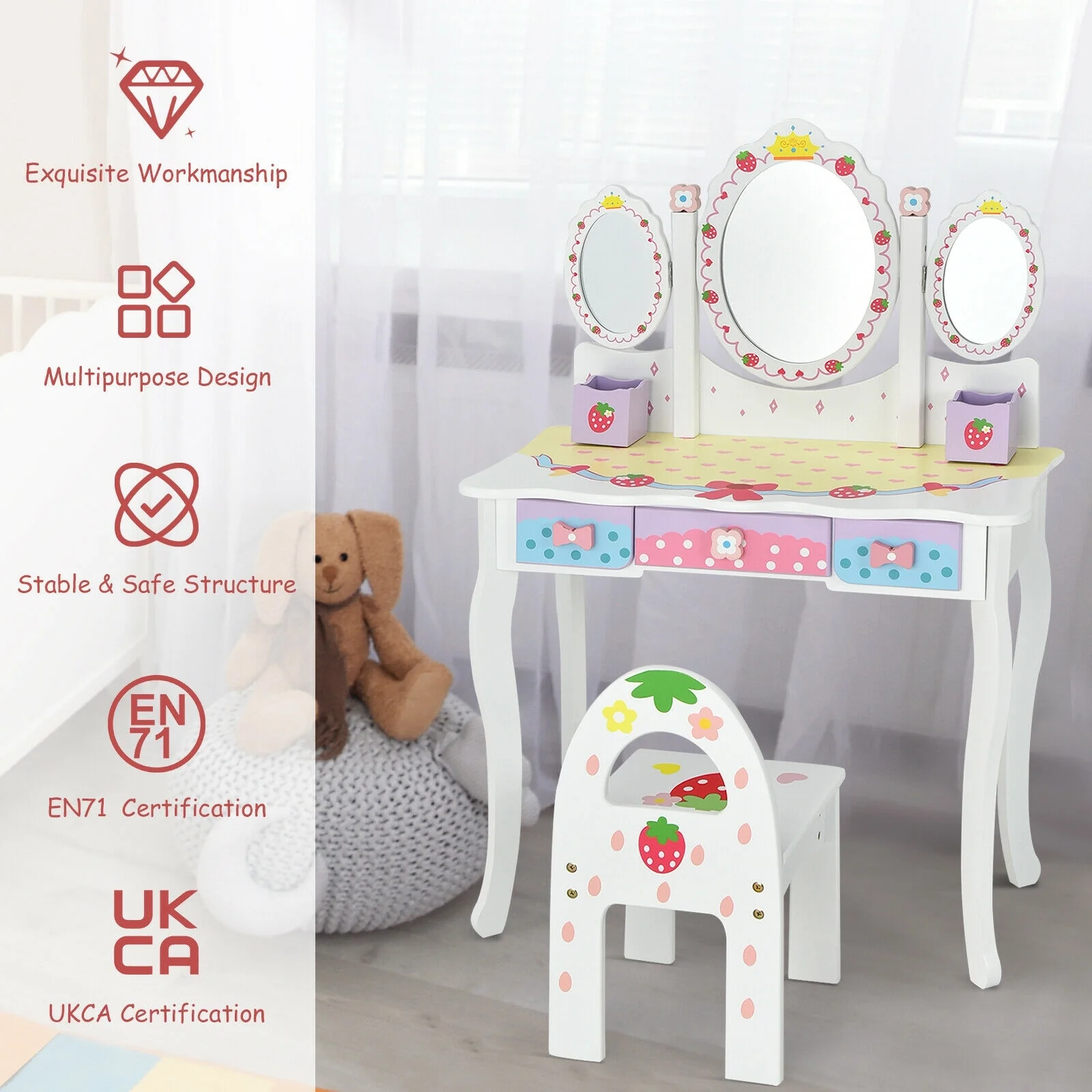 Kids Vanity Princess Makeup Dressing Table Chair Set, White - Image 3