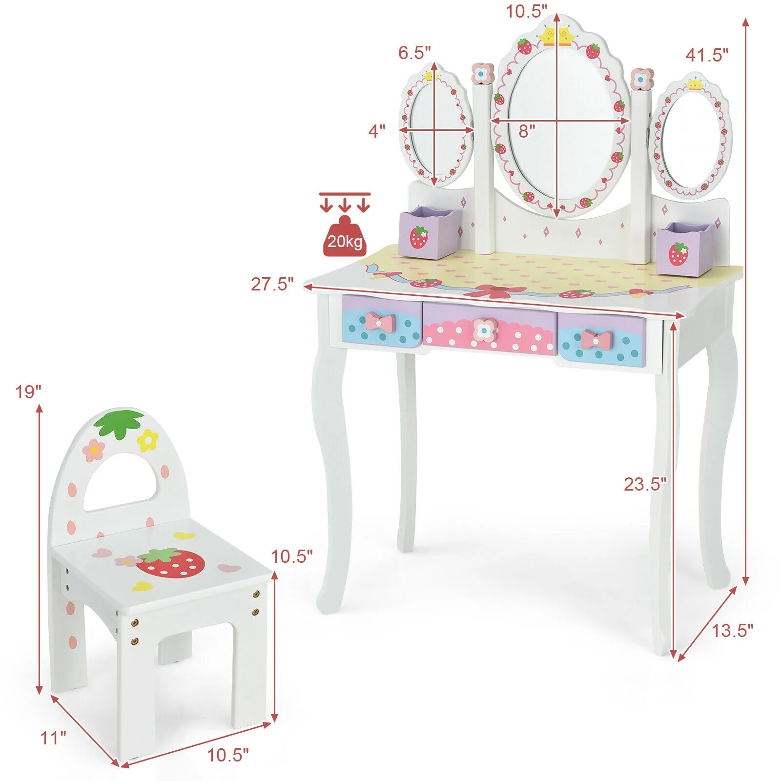 Kids Vanity Princess Makeup Dressing Table Chair Set, White - Image 5