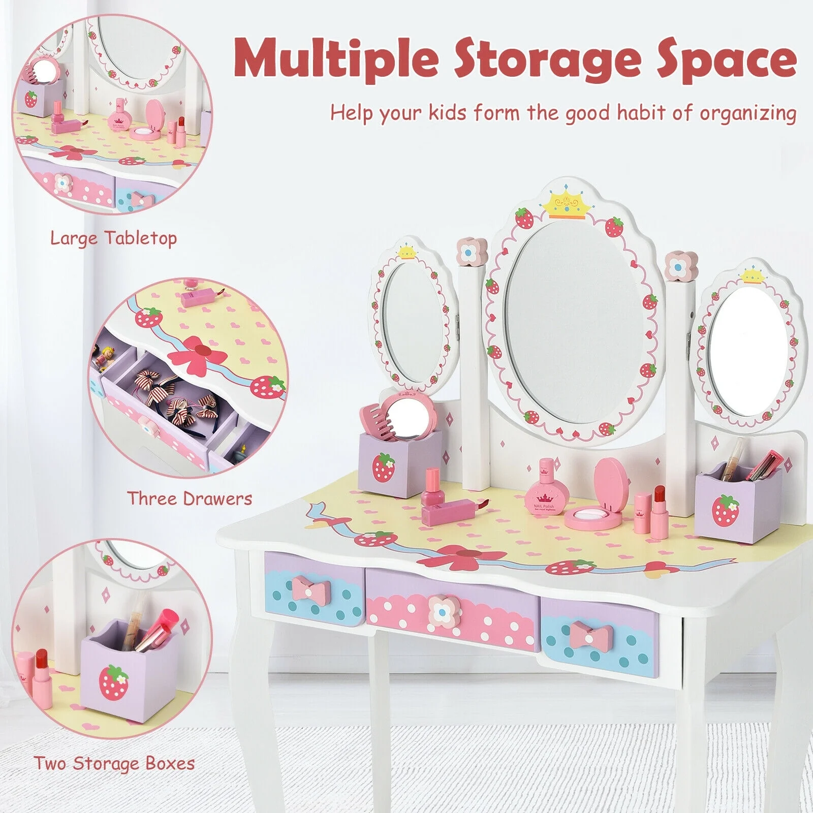 Kids Vanity Princess Makeup Dressing Table Chair Set, White - Image 6
