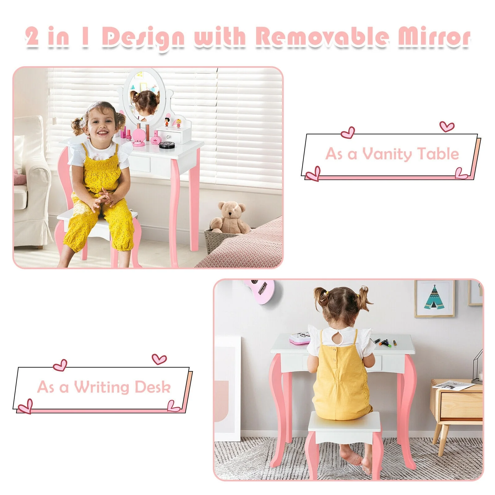 Kids Vanity Princess Makeup Dressing Table Stool Set, White - Image 10