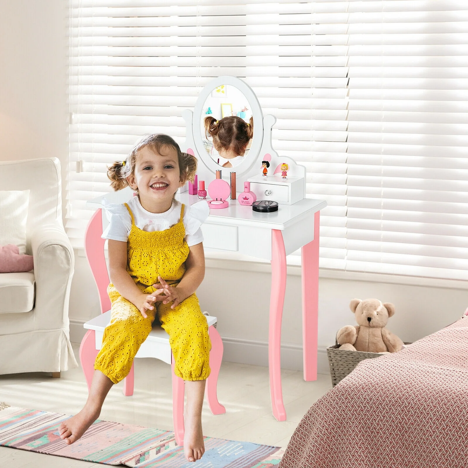 Kids Vanity Princess Makeup Dressing Table Stool Set, White - Image 2
