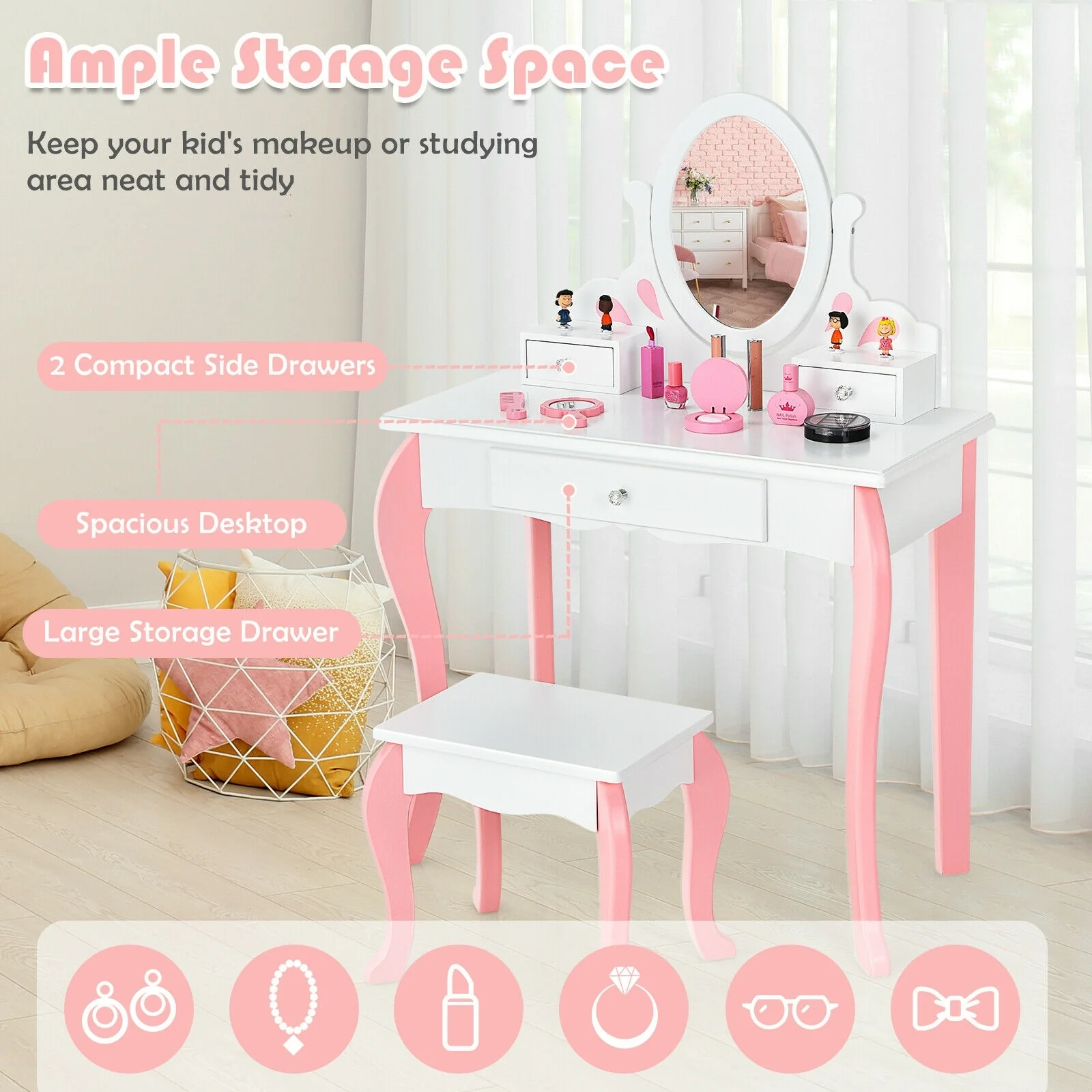 Kids Vanity Princess Makeup Dressing Table Stool Set, White - Image 3