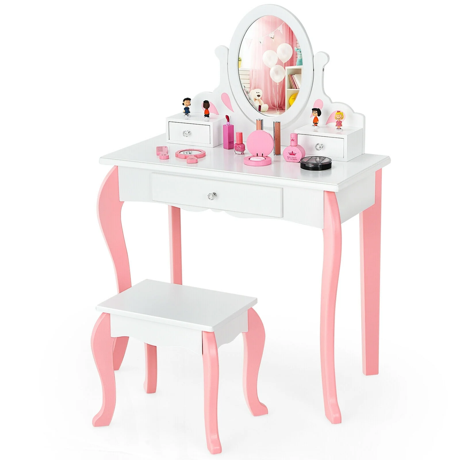 Kids Vanity Princess Makeup Dressing Table Stool Set, White - Image 4