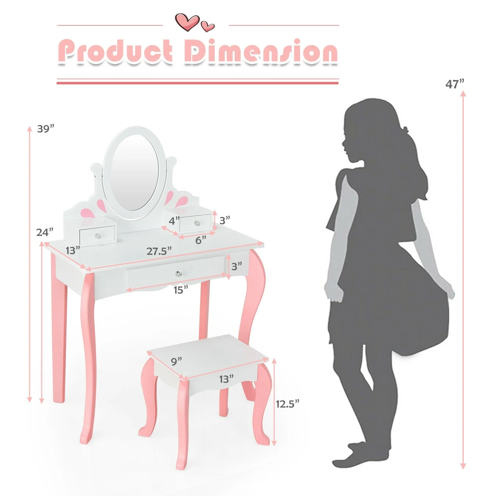 Kids Vanity Princess Makeup Dressing Table Stool Set, White - Image 5