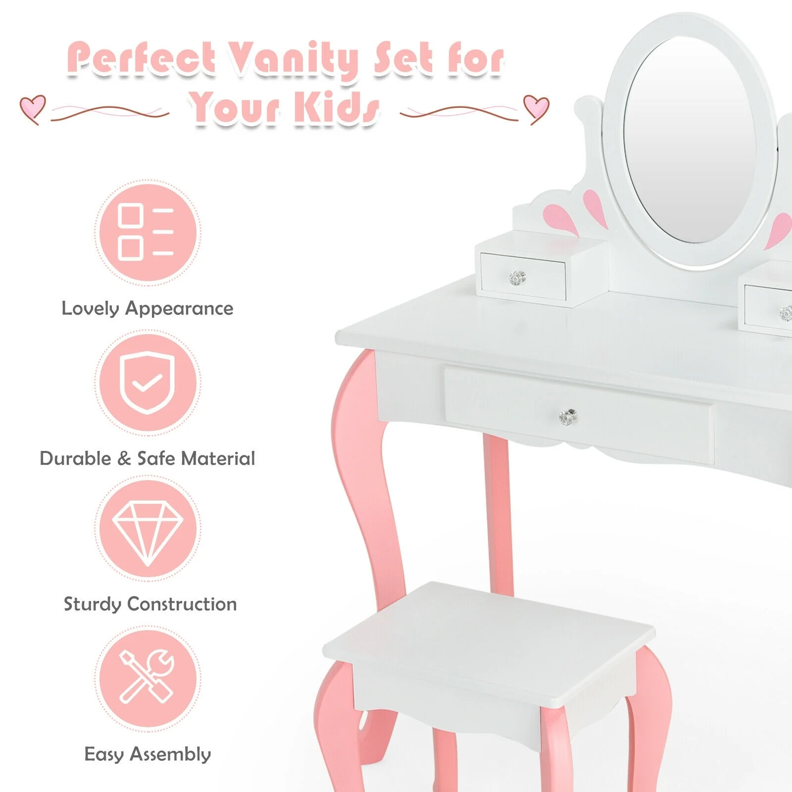 Kids Vanity Princess Makeup Dressing Table Stool Set, White - Image 6