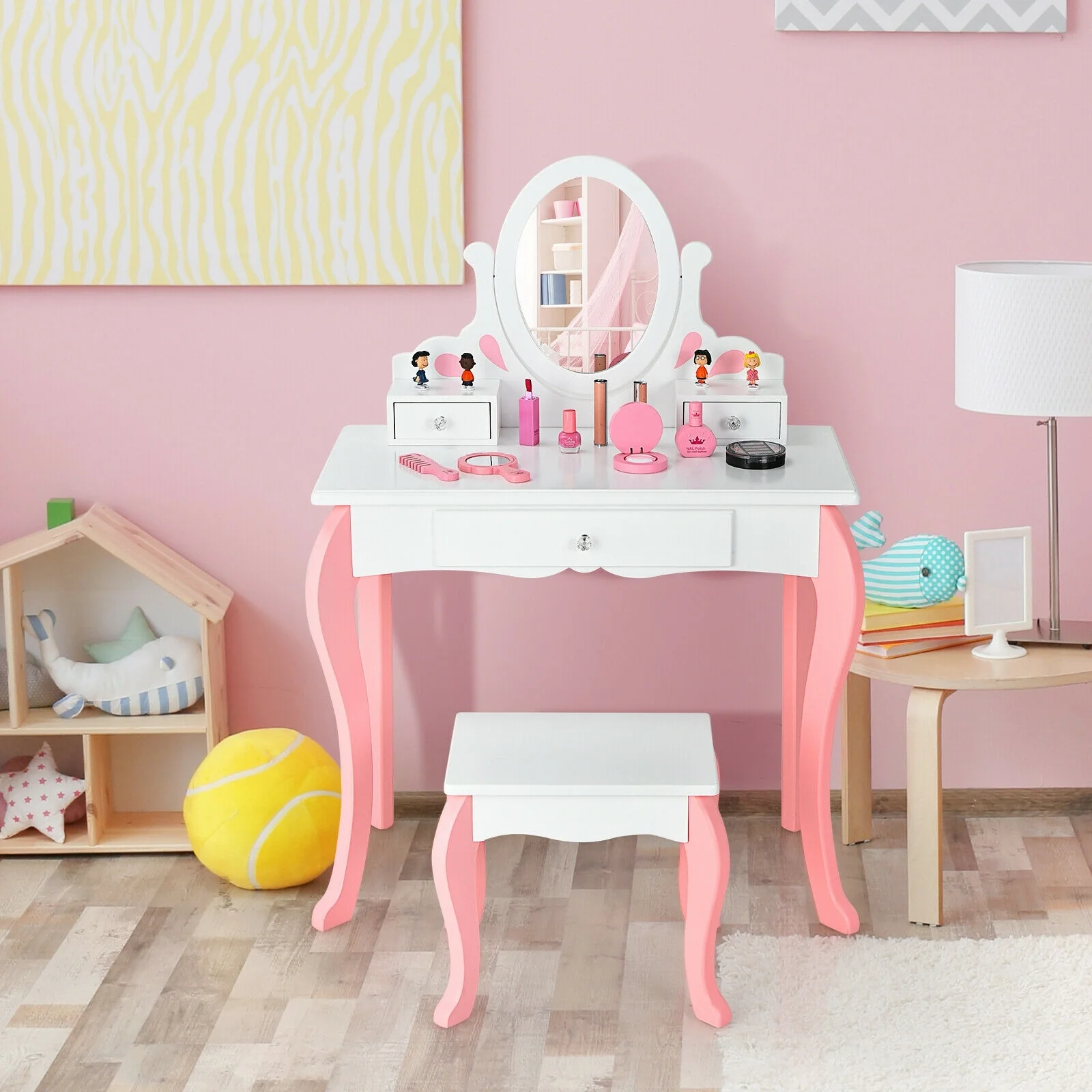 Kids Vanity Princess Makeup Dressing Table Stool Set, White - Image 7