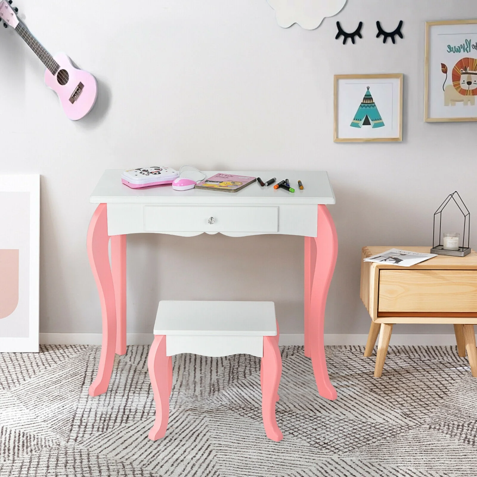 Kids Vanity Princess Makeup Dressing Table Stool Set, White - Image 8