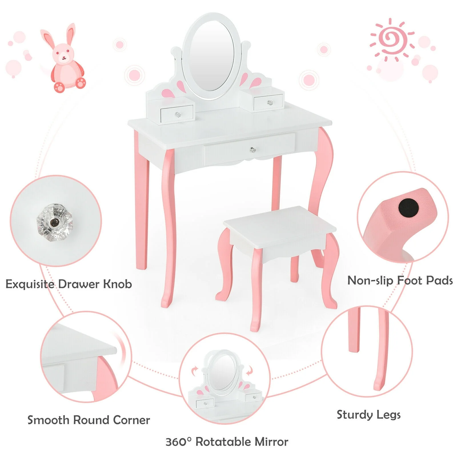 Kids Vanity Princess Makeup Dressing Table Stool Set, White - Image 9