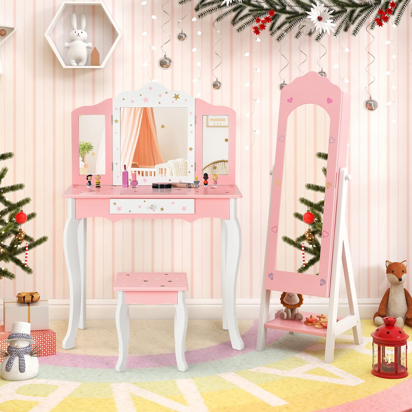Kids Vanity Set, Jewelry Armoire Cabinet, Full-Length Mirror, Pink - Image 2