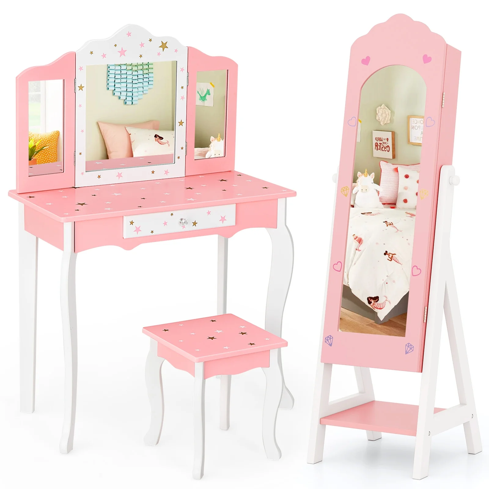 Kids Vanity Set, Jewelry Armoire Cabinet, Full-Length Mirror, Pink - Image 4