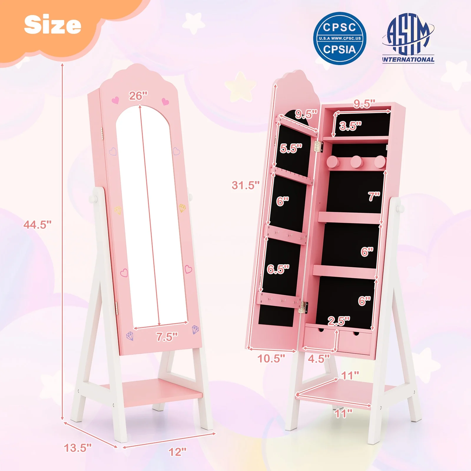 Kids Vanity Set, Jewelry Armoire Cabinet, Full-Length Mirror, Pink - Image 5
