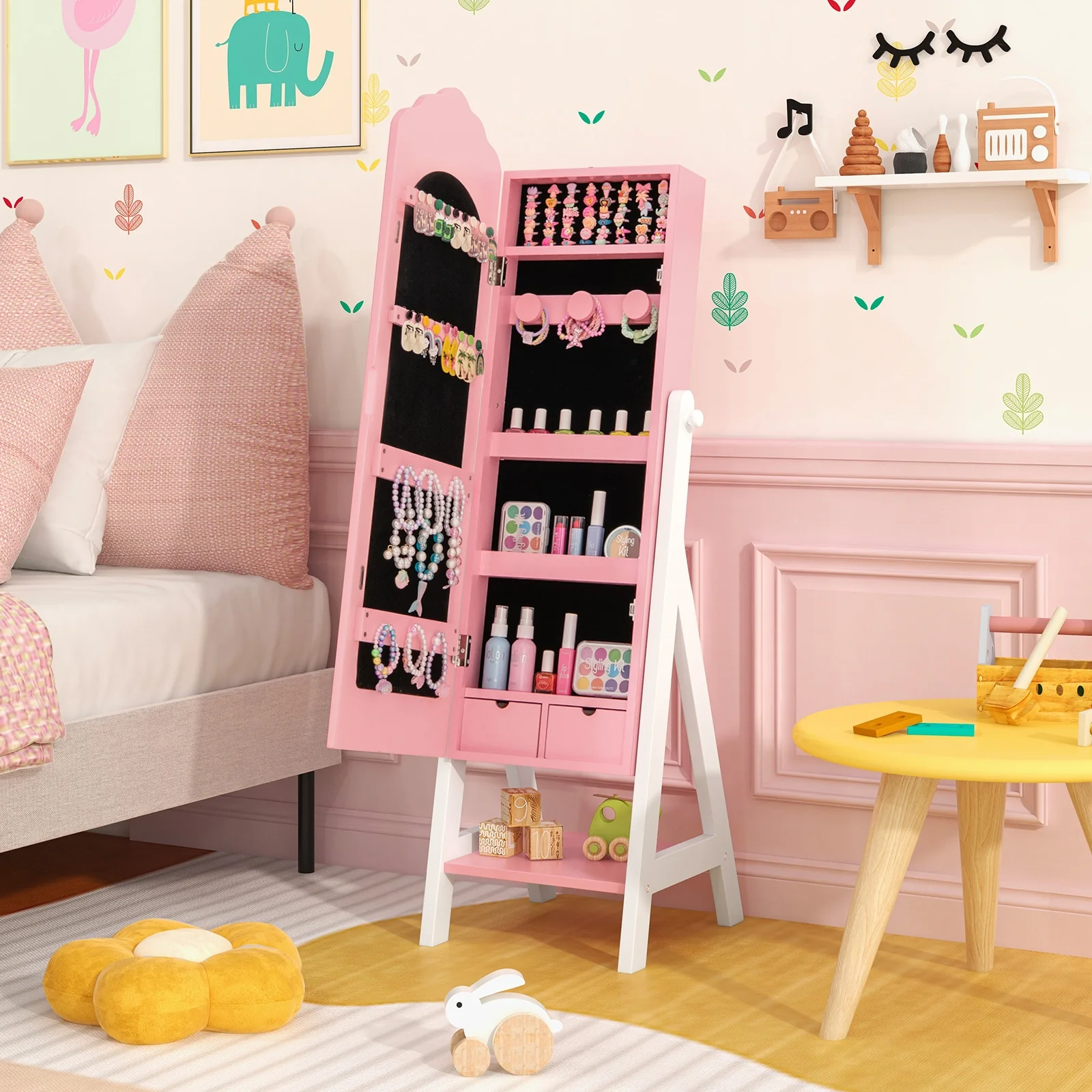 Kids Vanity Set, Jewelry Armoire Cabinet, Full-Length Mirror, Pink - Image 6