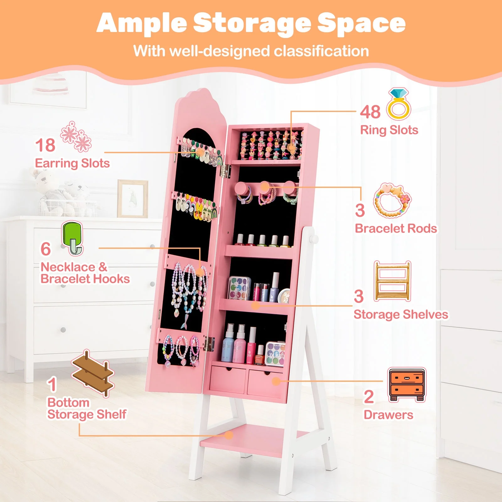 Kids Vanity Set, Jewelry Armoire Cabinet, Full-Length Mirror, Pink - Image 7