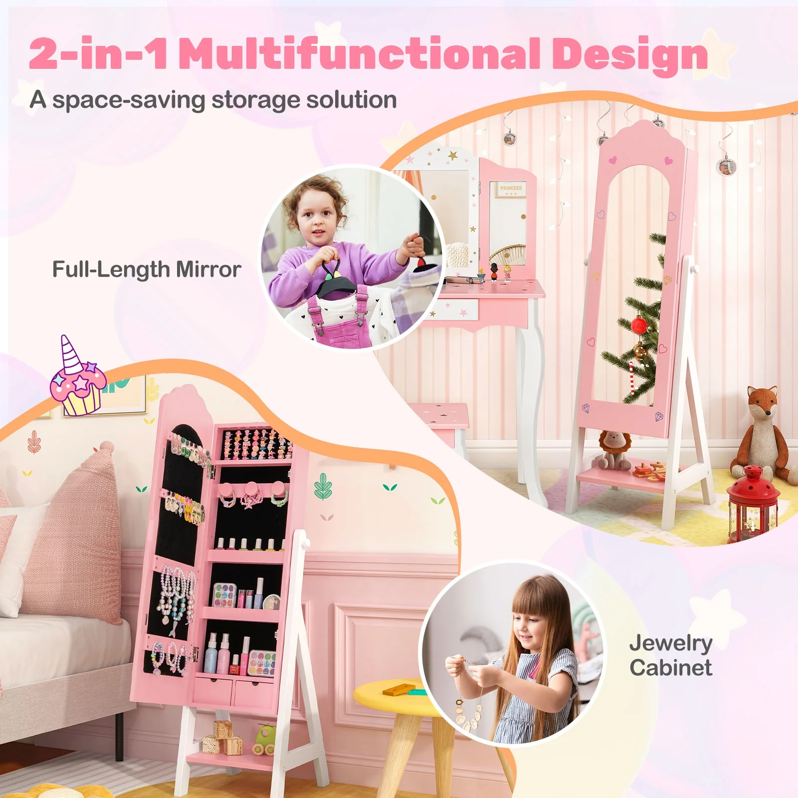 Kids Vanity Set, Jewelry Armoire Cabinet, Full-Length Mirror, Pink - Image 8