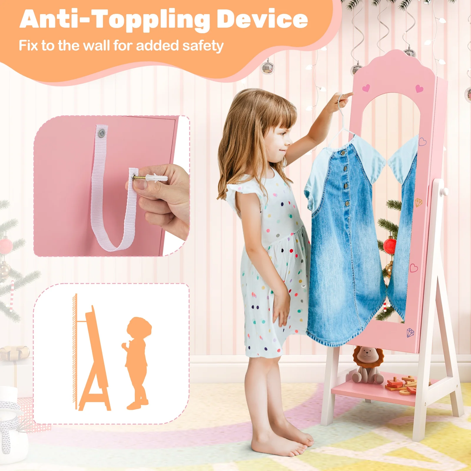 Kids Vanity Set, Jewelry Armoire Cabinet, Full-Length Mirror, Pink - Image 9