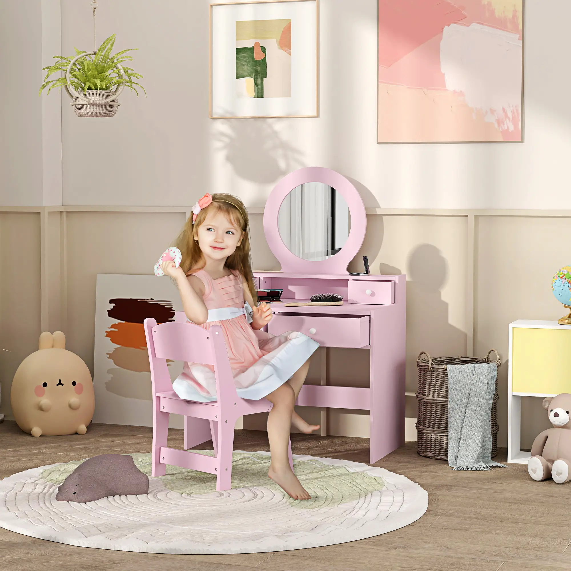 Kids Vanity Set, Makeup Table with Mirror, Stool, Drawers, Ages 3-8, Pink - Image 2