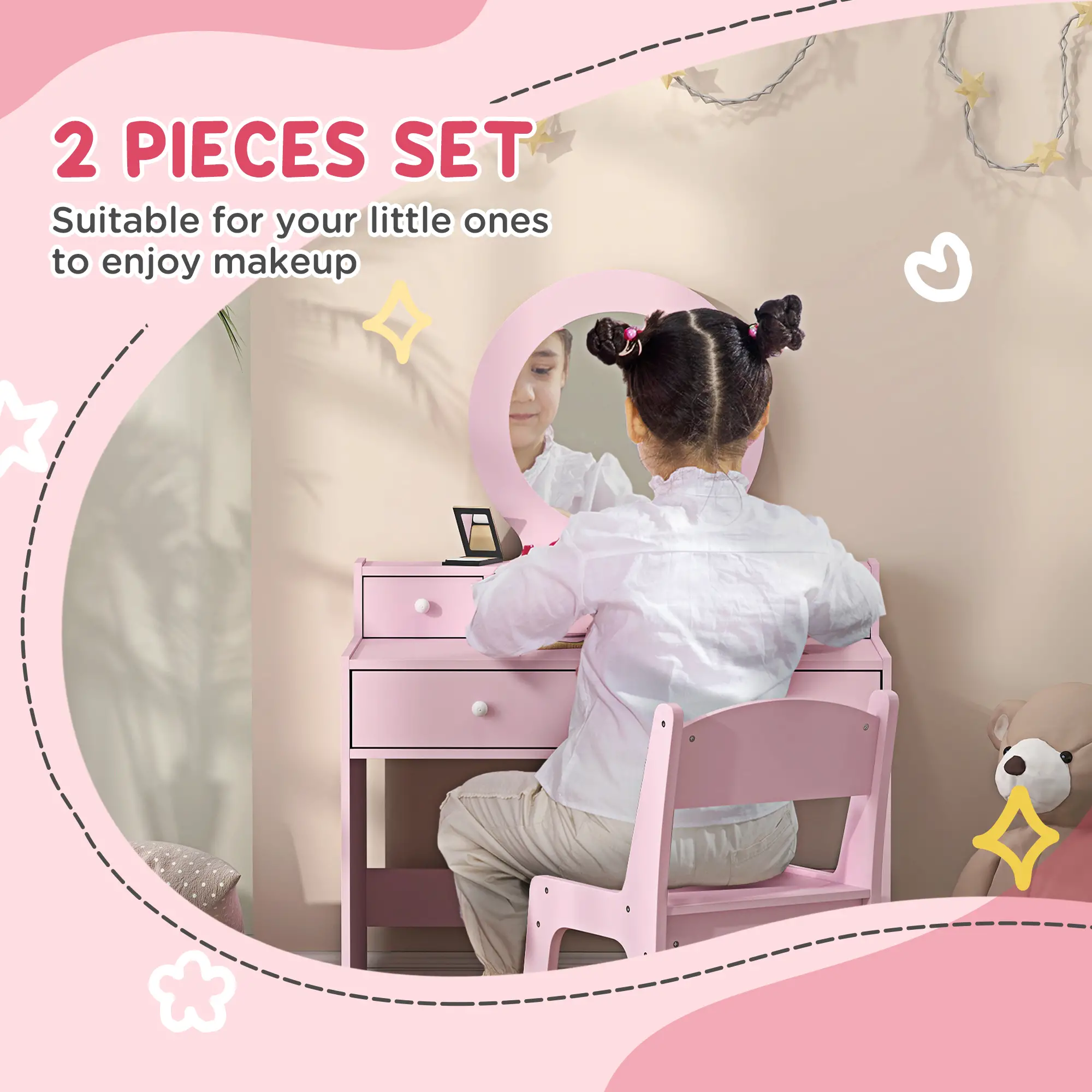 Kids Vanity Set, Makeup Table with Mirror, Stool, Drawers, Ages 3-8, Pink - Image 4