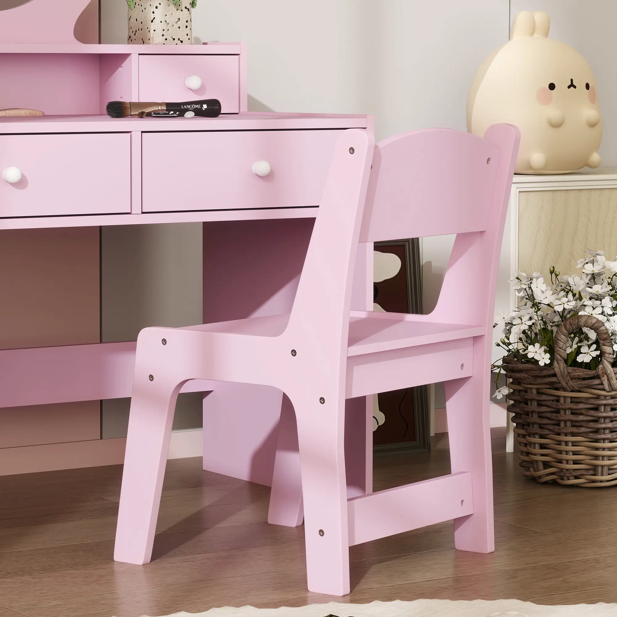 Kids Vanity Set, Makeup Table with Mirror, Stool, Drawers, Ages 3-8, Pink - Image 9