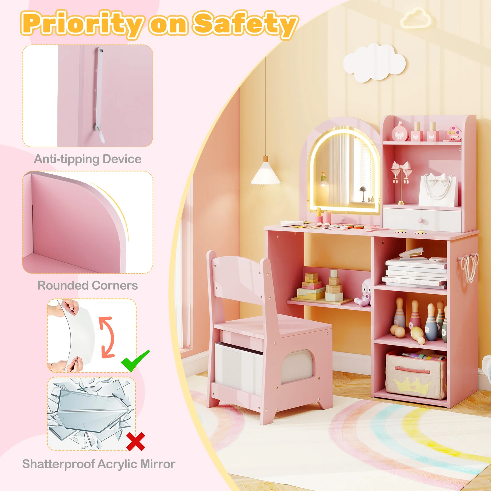 Kids Vanity Set Princess Girls Makeup Vanity Desk with Chair and 3-Color LED Lighted Mirror, Pink - Image 10