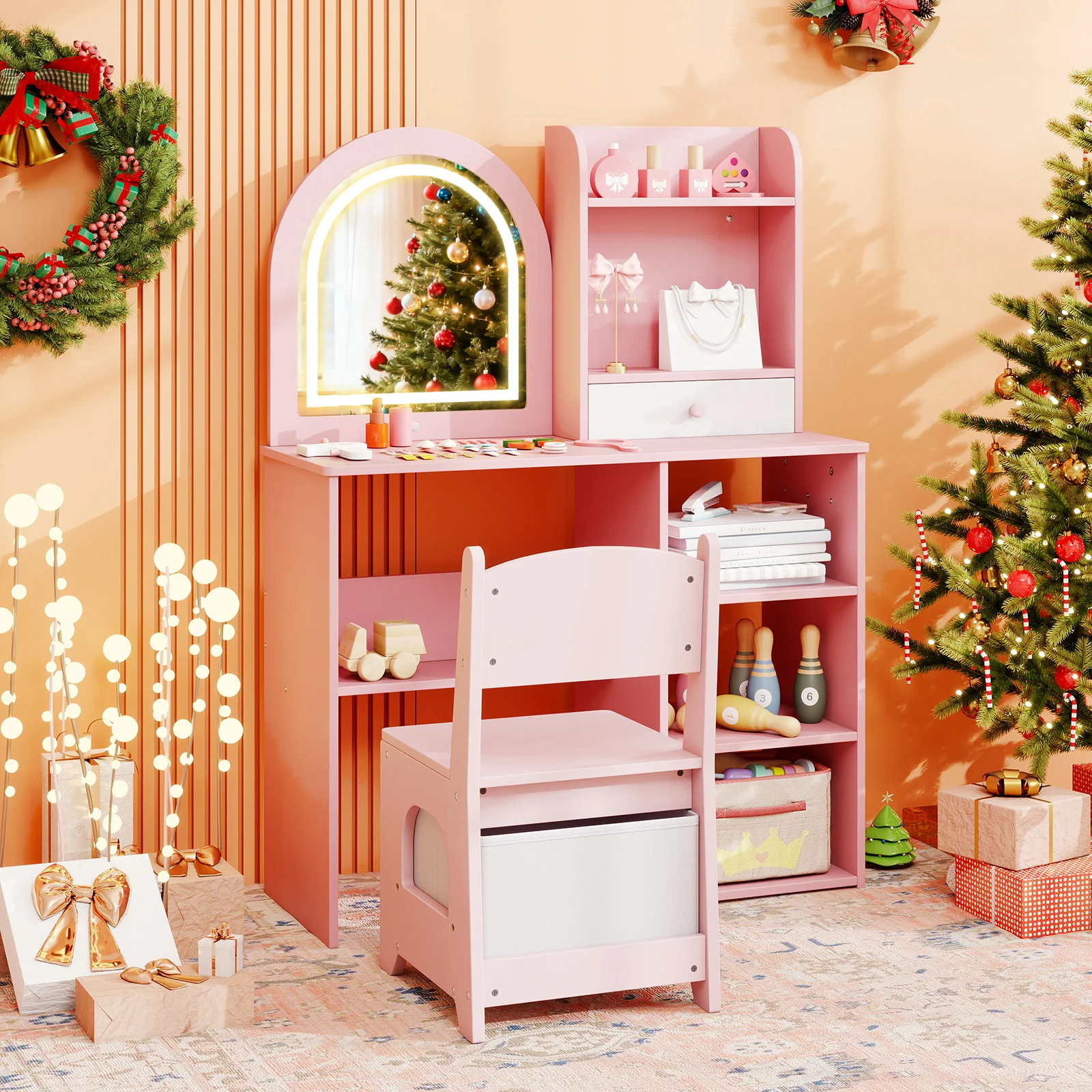 Kids Vanity Set Princess Girls Makeup Vanity Desk with Chair and 3-Color LED Lighted Mirror, Pink - Image 2