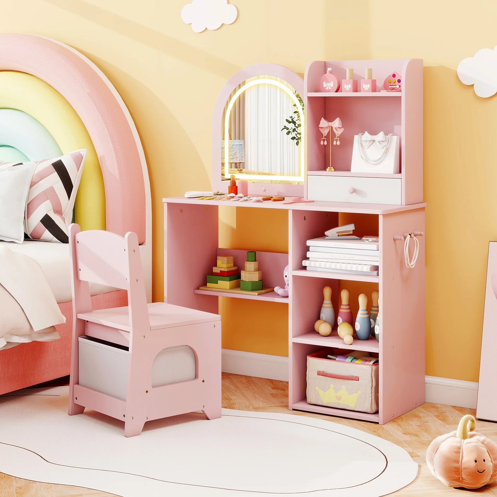 Kids Vanity Set Princess Girls Makeup Vanity Desk with Chair and 3-Color LED Lighted Mirror, Pink - Image 3