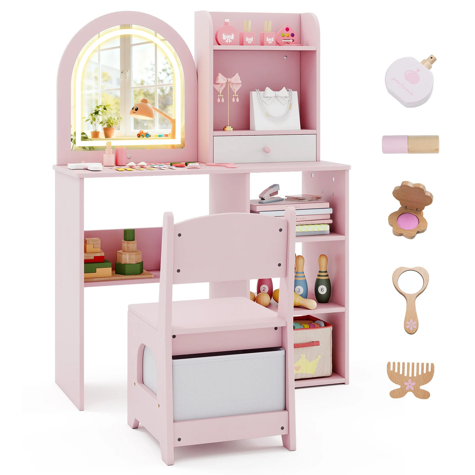 Kids Vanity Set Princess Girls Makeup Vanity Desk with Chair and 3-Color LED Lighted Mirror, Pink - Image 4