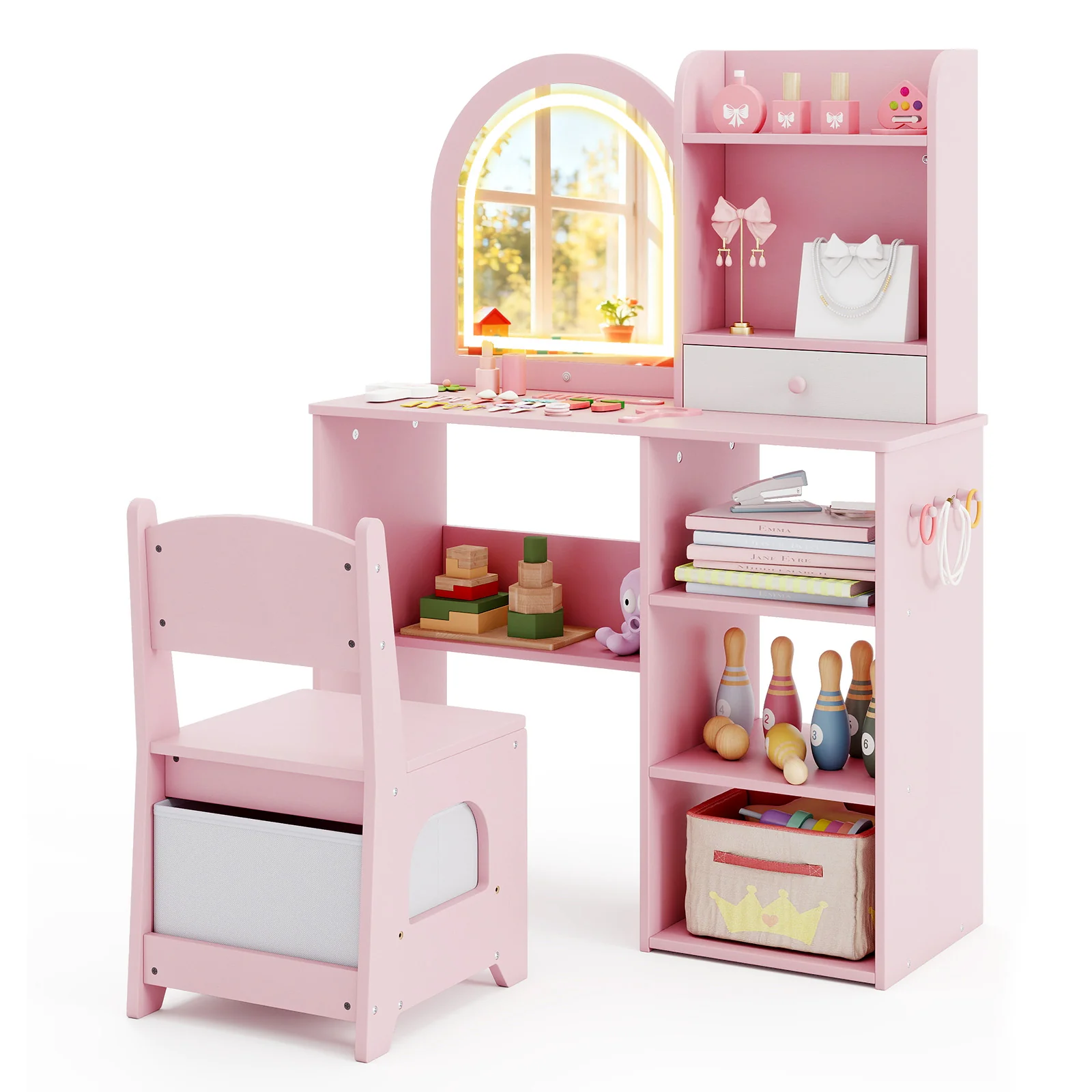 Kids Vanity Set Princess Girls Makeup Vanity Desk with Chair and 3-Color LED Lighted Mirror, Pink - Image 5