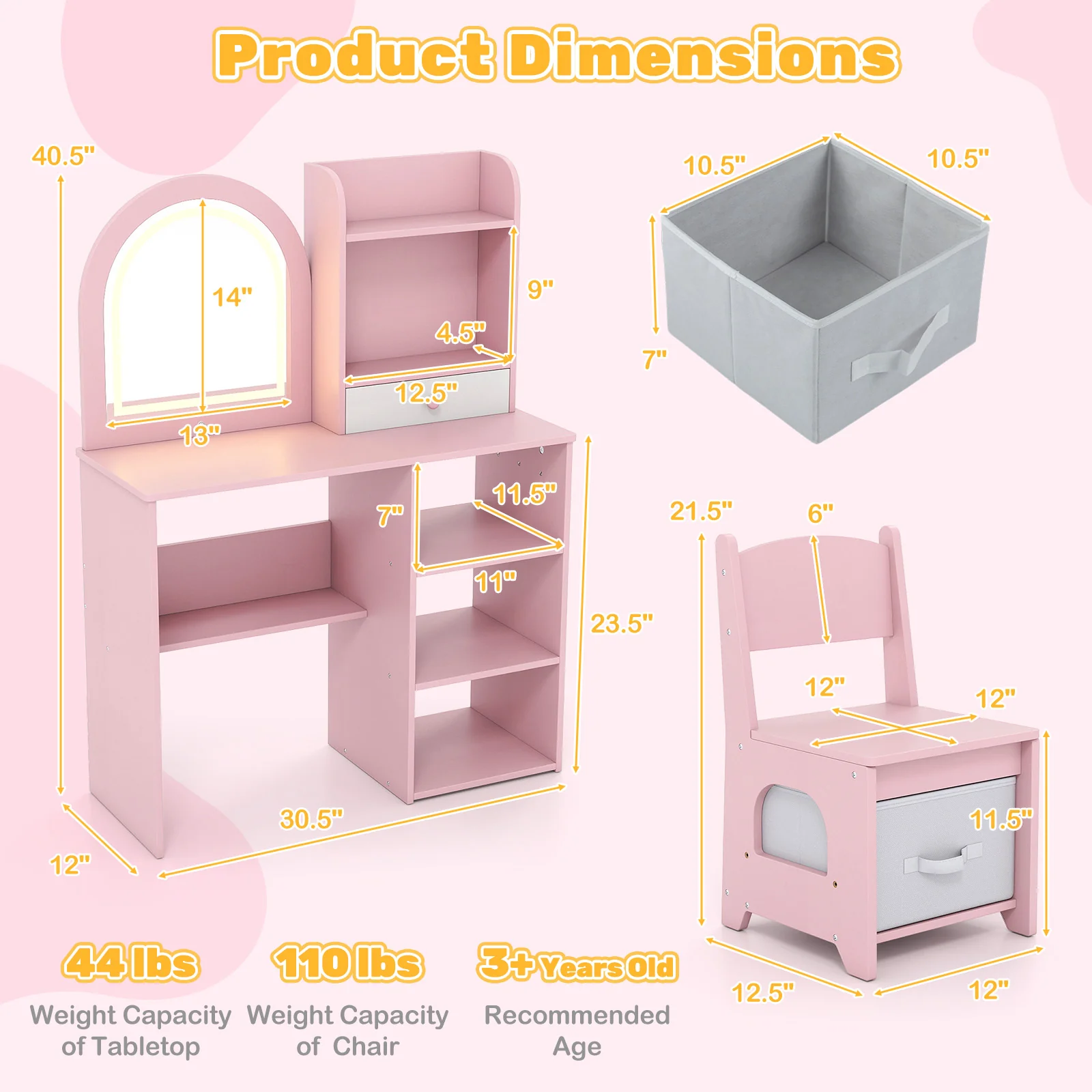 Kids Vanity Set Princess Girls Makeup Vanity Desk with Chair and 3-Color LED Lighted Mirror, Pink - Image 6