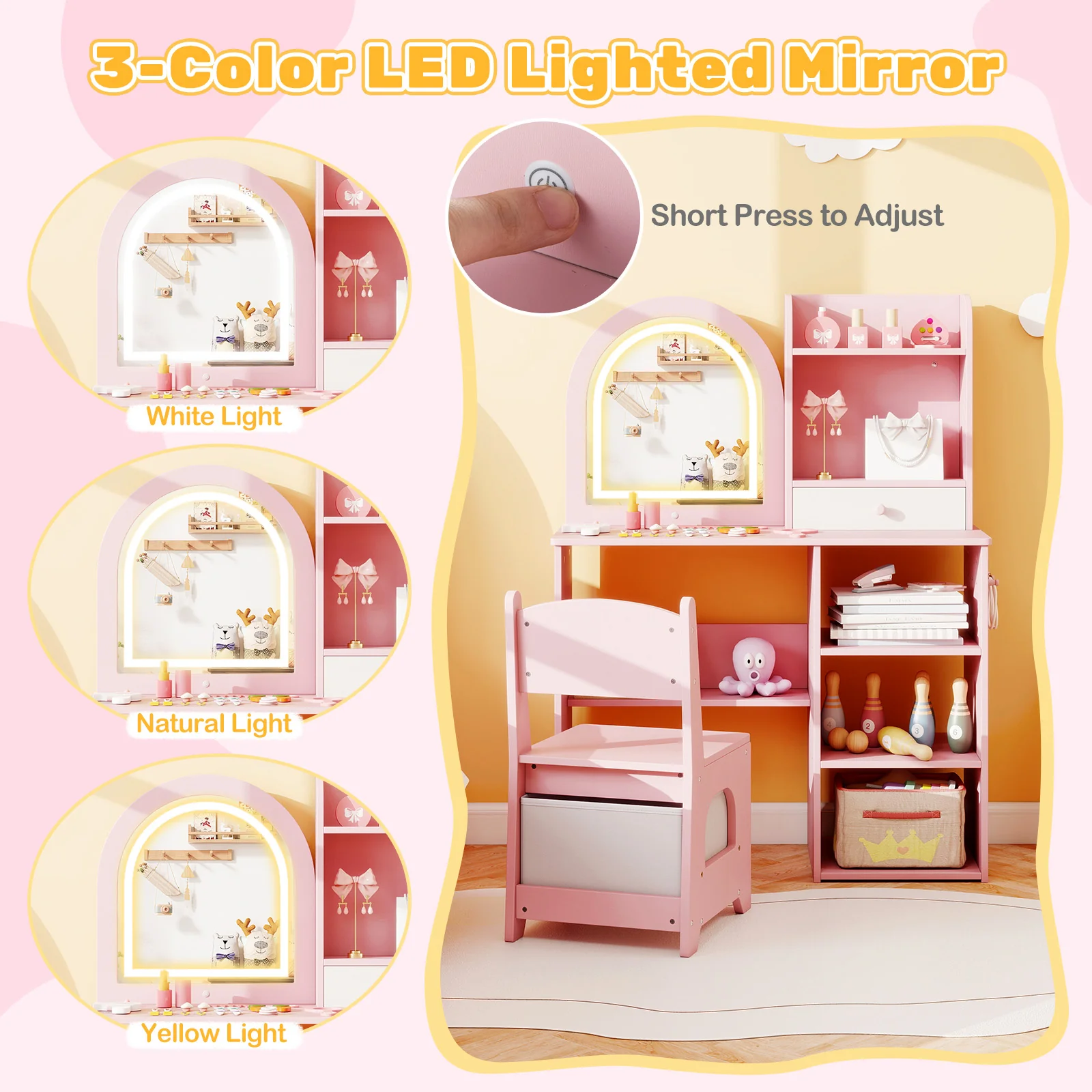 Kids Vanity Set Princess Girls Makeup Vanity Desk with Chair and 3-Color LED Lighted Mirror, Pink - Image 7