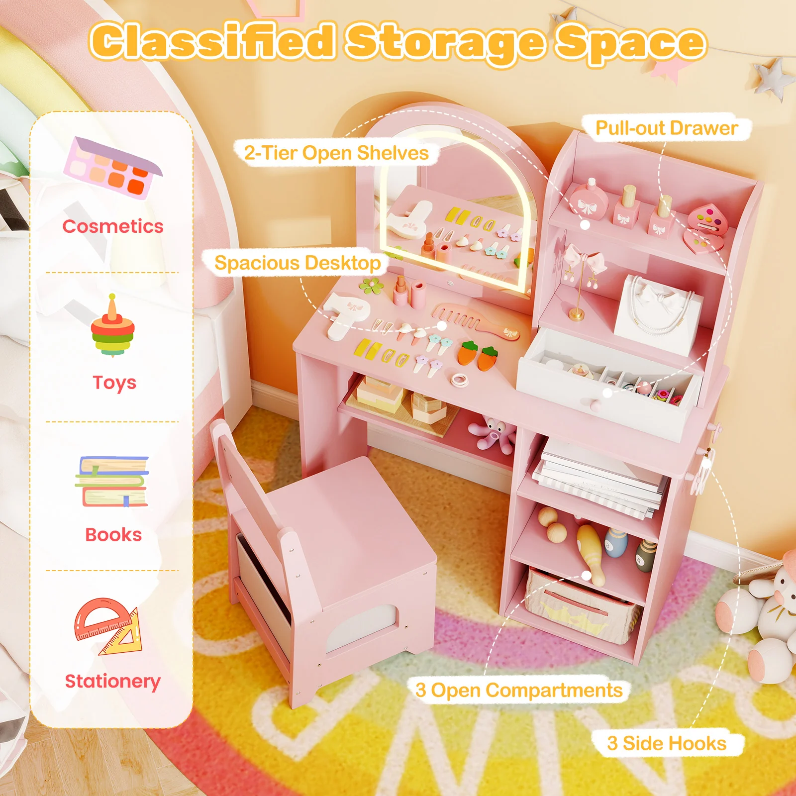 Kids Vanity Set Princess Girls Makeup Vanity Desk with Chair and 3-Color LED Lighted Mirror, Pink - Image 8