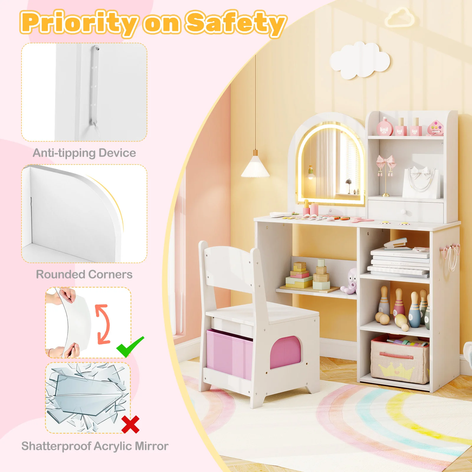 Kids Vanity Set Princess Girls Makeup Vanity Desk with Chair and 3-Color LED Lighted Mirror, White - Image 10