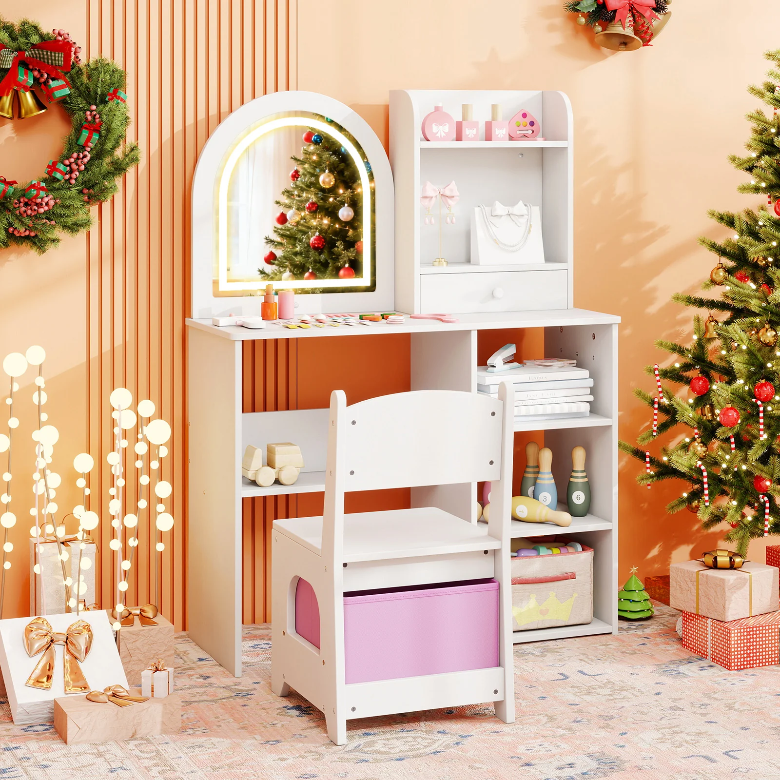 Kids Vanity Set Princess Girls Makeup Vanity Desk with Chair and 3-Color LED Lighted Mirror, White - Image 2