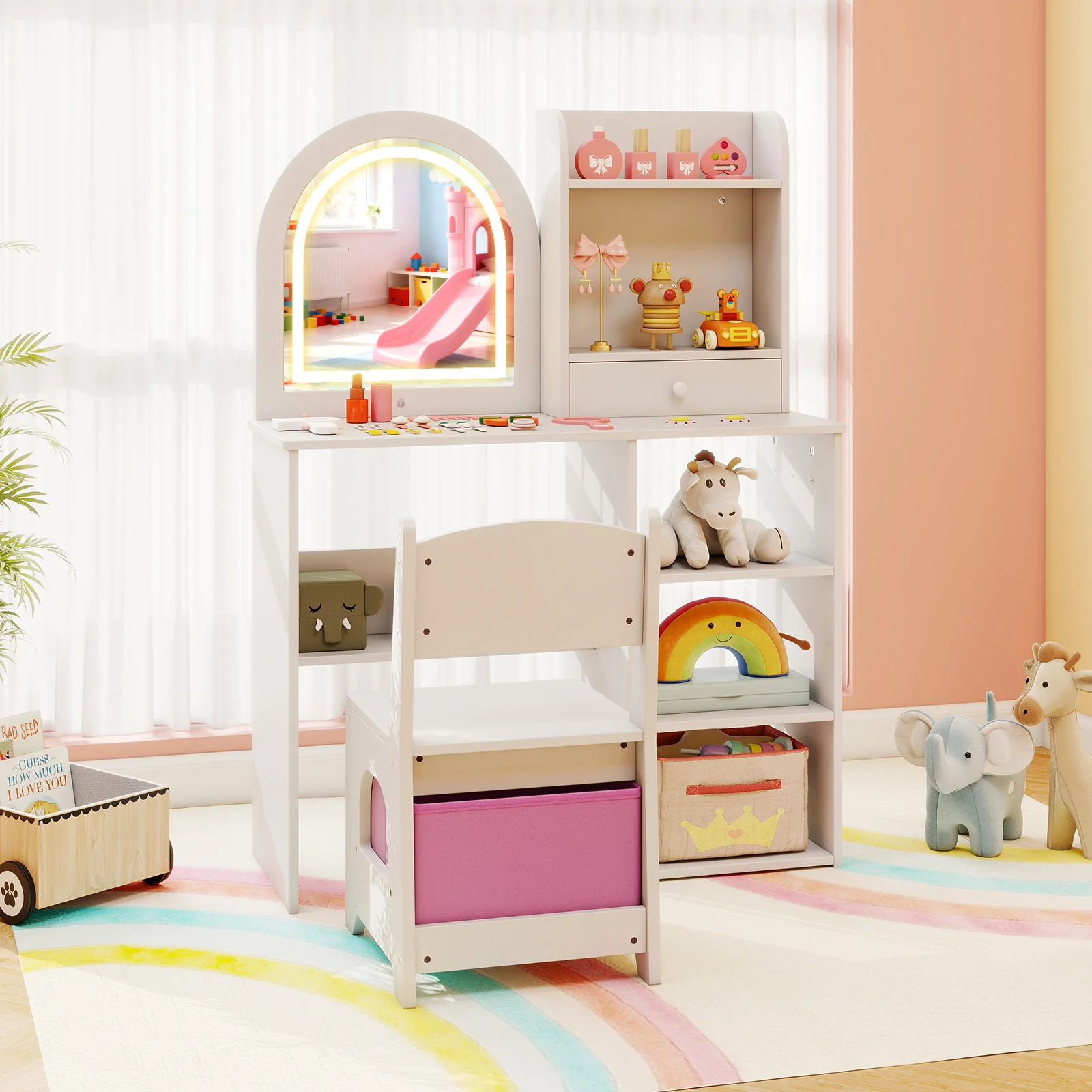 Kids Vanity Set Princess Girls Makeup Vanity Desk with Chair and 3-Color LED Lighted Mirror, White - Image 3
