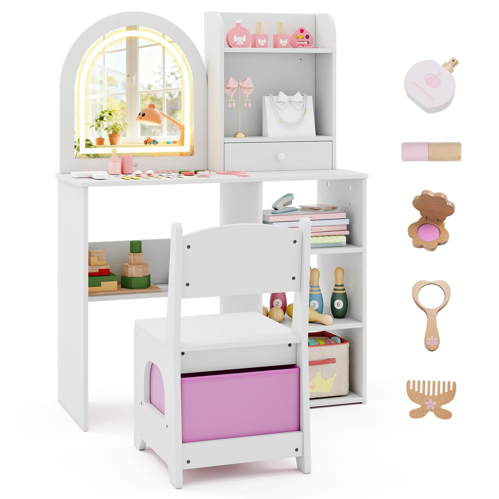 Kids Vanity Set Princess Girls Makeup Vanity Desk with Chair and 3-Color LED Lighted Mirror, White - Image 4